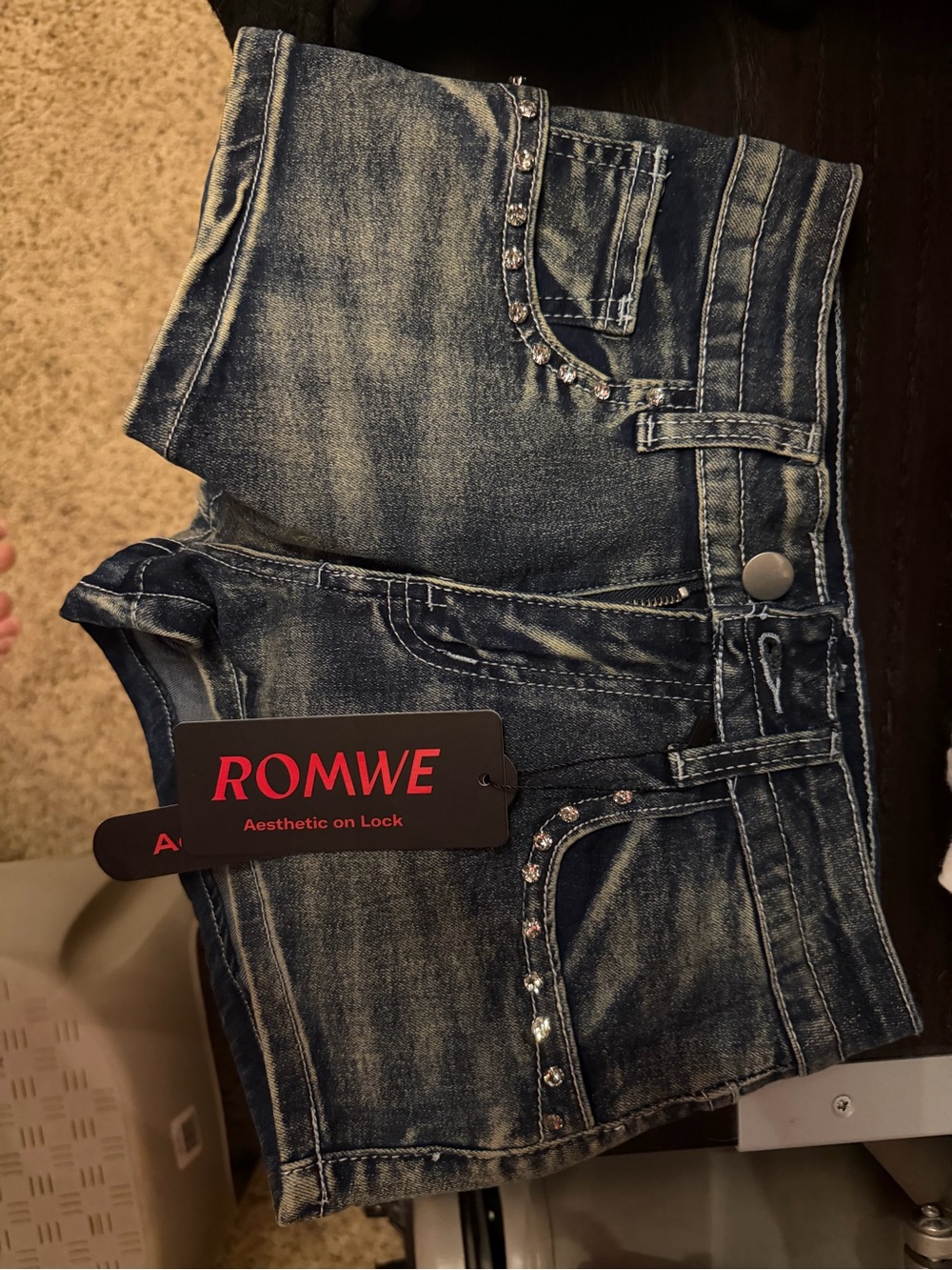 ROMWE Women's Distressed Blue Denim Shorts with Rhinestone Trim